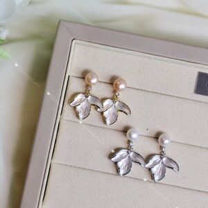 Gold / Silver Iris Flower Fresh Water Pearl Earrings